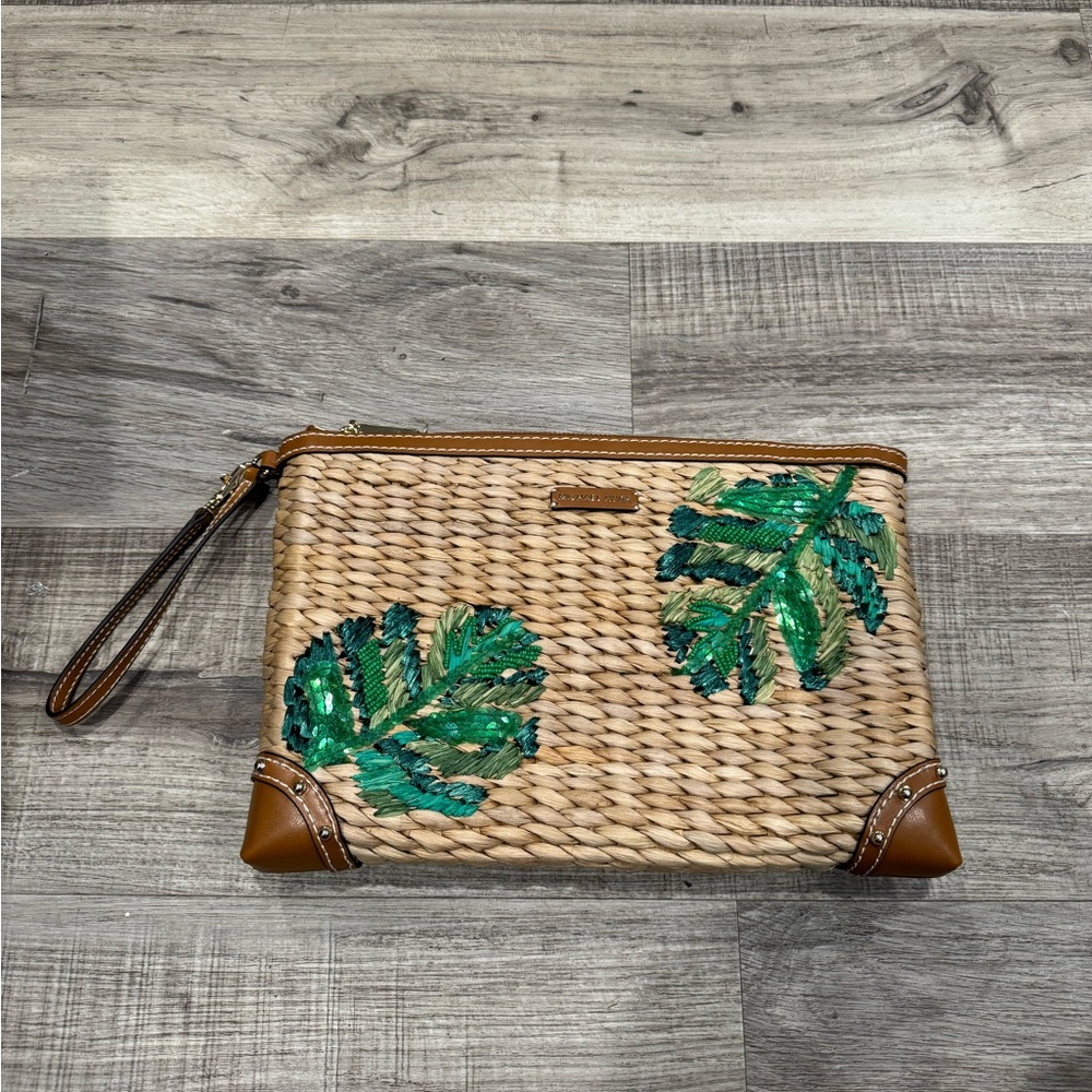 Michael Kors Malibu Tan Raffia Clutch/ Wristlet With Leather Trim